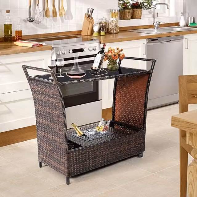 Furniture One Brown Rattan and Glass Serving Trolley with Castors, W/D/H: 92 x 42 x 42 cm