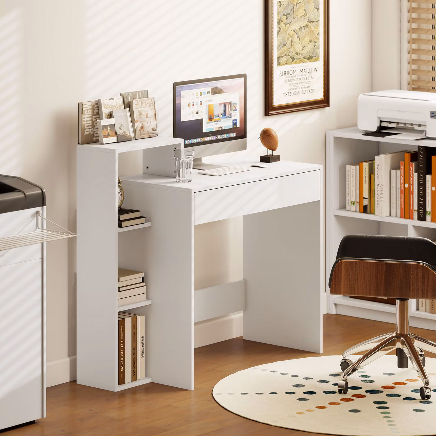 HOMCOM White Computer Desk with 3 Open Shelves and Drawer – 2