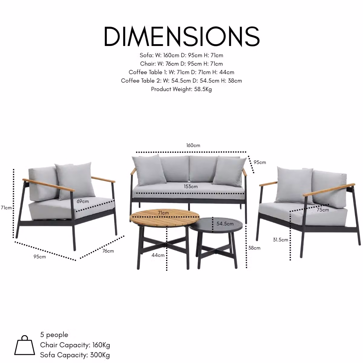 Home Detail Porta Aluminium Garden Conversation Set with Teak Wood Accents in Grey – 2