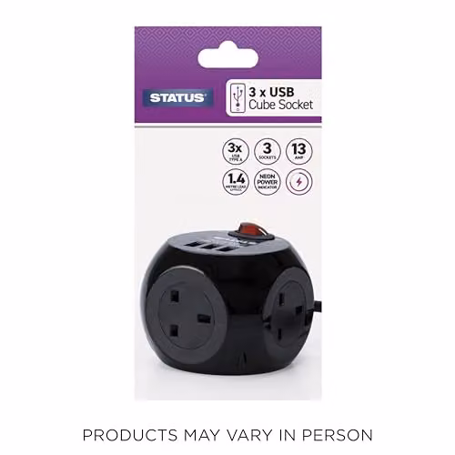 Status 3 Way Cube Socket with 3 USB Ports and 1.4 Metre Lead, Black – 8