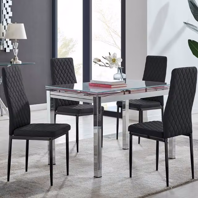 FurnitureboxUK Enna White Glass Extending Rectangular Dining Table and 4 Milan Black Leg Chairs Set