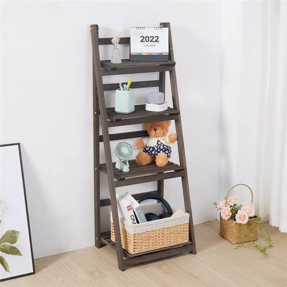 Kelvenix 4 Tier Rustic Brown Wood Plant Stand Corner Ladder Shelf – 4