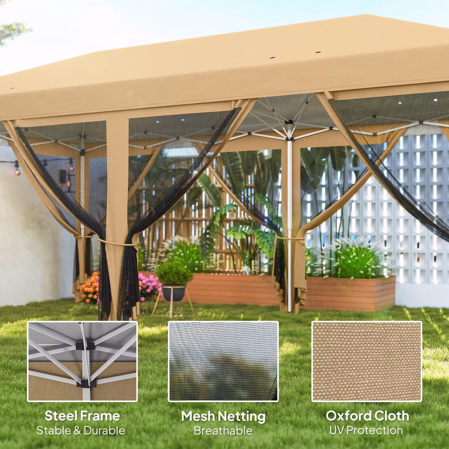 Outsunny Pop Up Gazebo Outdoor Canopy Shelter and Marquee Party Wedding Tent with 6 Mesh Walls and Carry Bag, Beige, W: 6 m, D: 3 m, H: 2.7 m – 3
