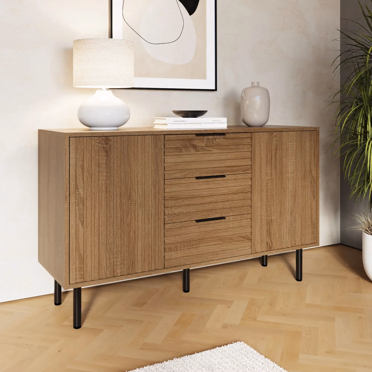 GFW Nervata Modern Oak Sideboard with 2 Doors and 3 Drawers – 2