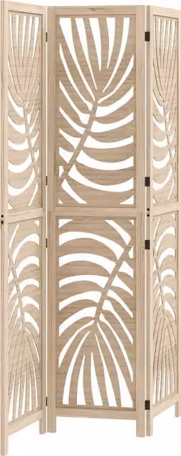 HOMCOM 3 Panel Room Divider with Palm Leaf Design in Natural Wood Finish, Brown, H 170 x W 120 cm