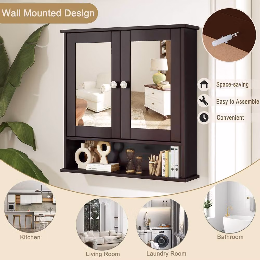 Costway Wall Mounted Brown Wooden Bathroom Medicine Cabinet with Mirror and Two Hinged Doors – 5