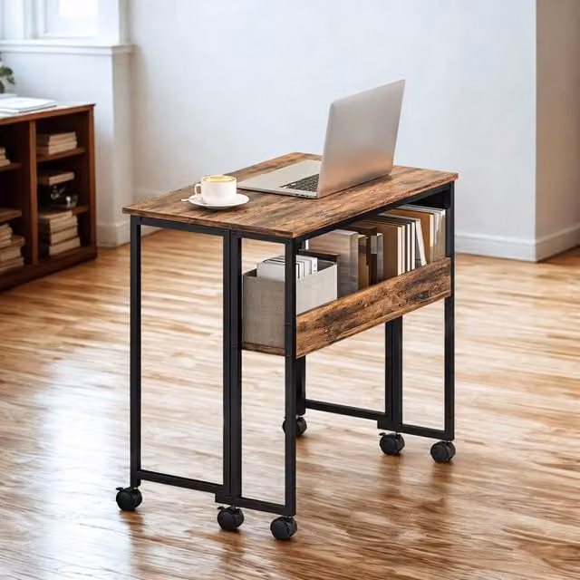 FURNOS Industrial Drop Leaf Extendable Computer Writing Desk with Wheels, Brown