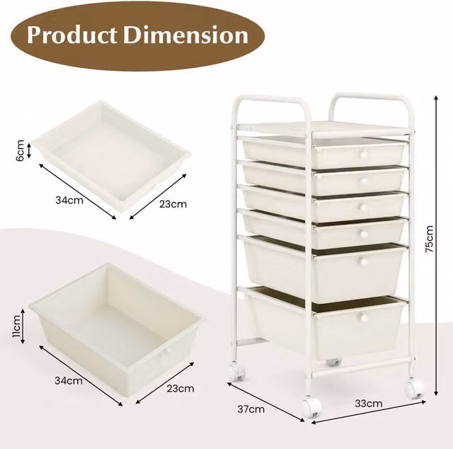 Costway 6-Drawer Mobile Utility Rolling Storage Cart with Castors in White