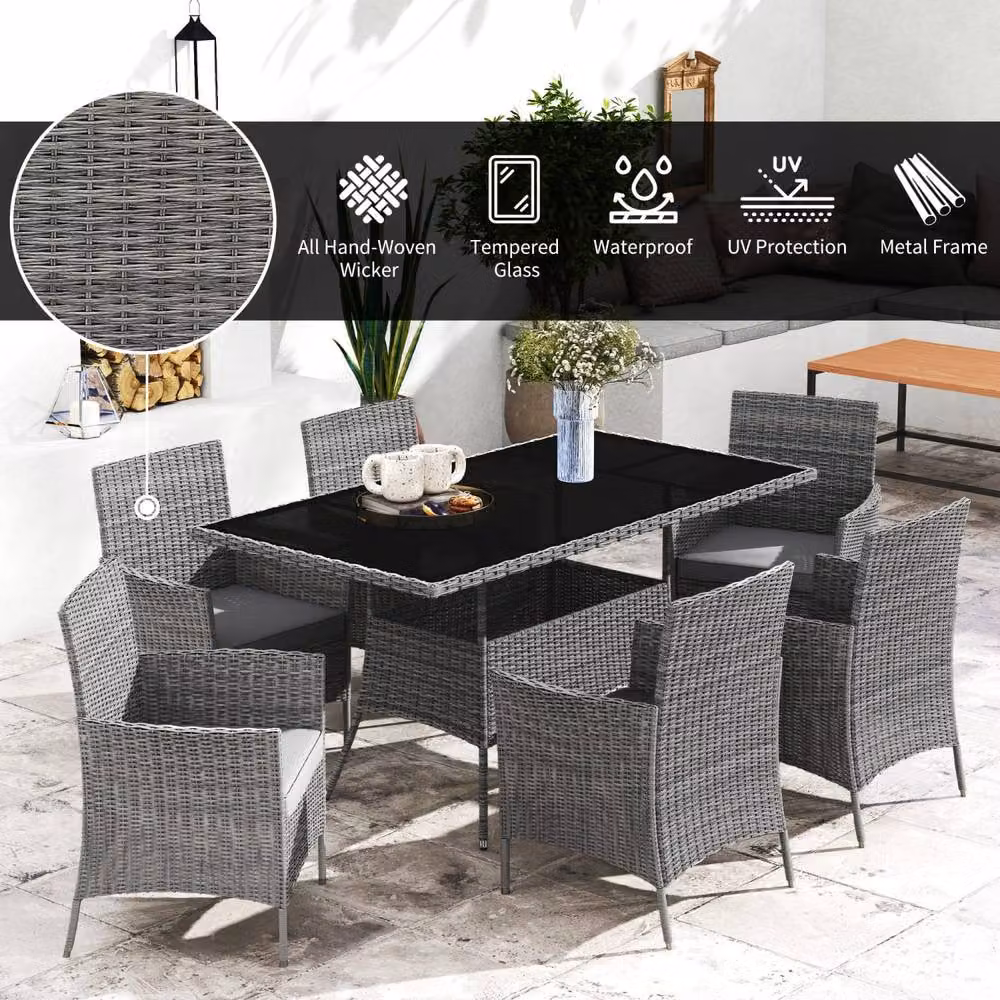 Wyld Haus Lona 6 Seater Charcoal Grey Polyrattan Outdoor Dining Set with Glass Table and Cushions – 4