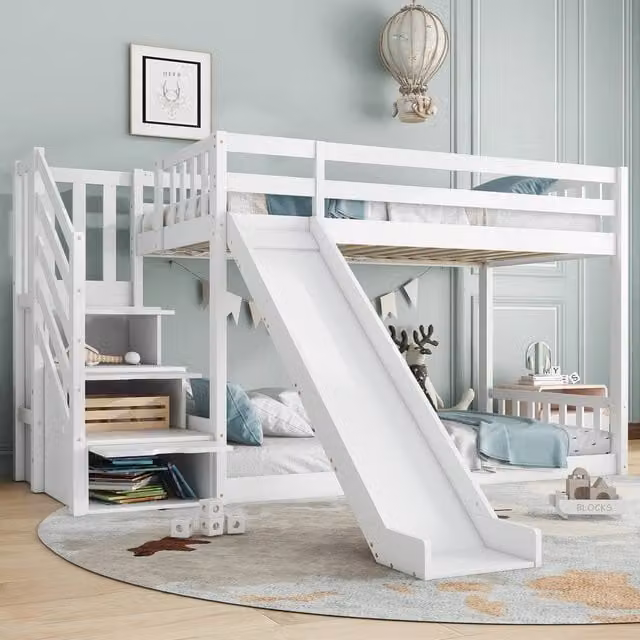Rolipo White Solid Pine Kids Bunk Bed with Stairs and Slide, W/D/H: 90 x 190 cm