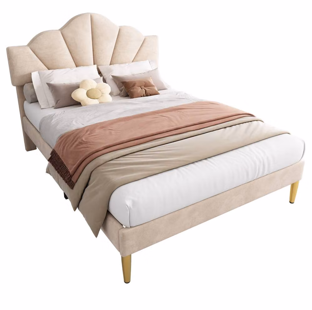 STILVORA Velvet Upholstered Double Bed in Beige with Adjustable Headboard, W/D/H: 140 x 200 cm – 3