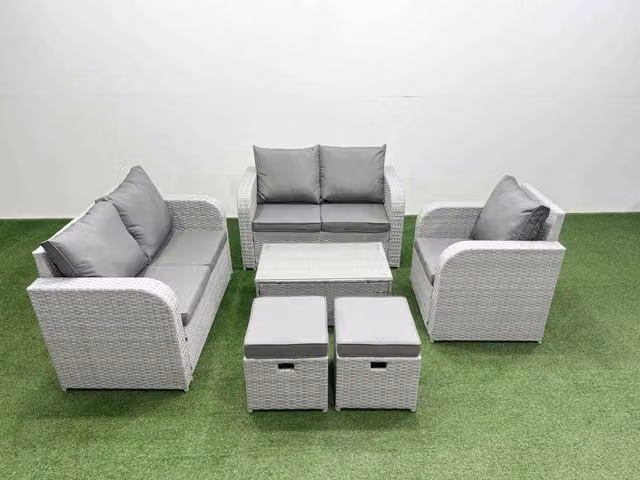 Fimous Grey Poly Rattan Garden Furniture Set with 2 Seater Sofa, Reclining Armchair, Coffee Table and Ottoman