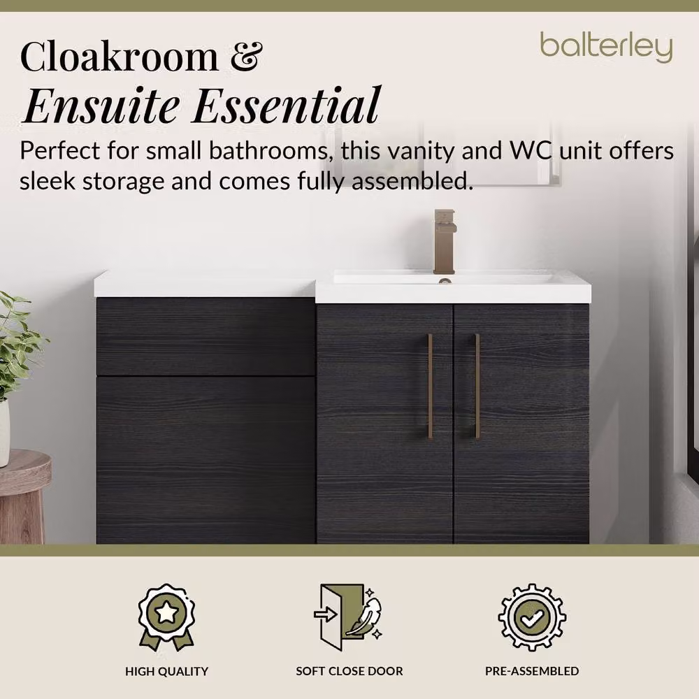 Balterley Modern Matt Black Woodgrain Right-Hand Vanity and WC Unit Combination, W: 110 cm, H: 84 cm – 3