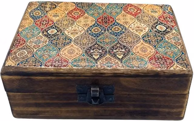 Serenityy Medium Ceramic-Glazed Wooden Box with Lid, Brown, W: 15 cm, D: 10 cm, H: 6 cm