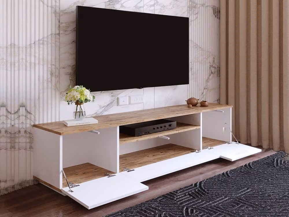 Vente-unique Lotula TV Unit in White and Light Oak with 3 Doors and 1 Compartment – 3