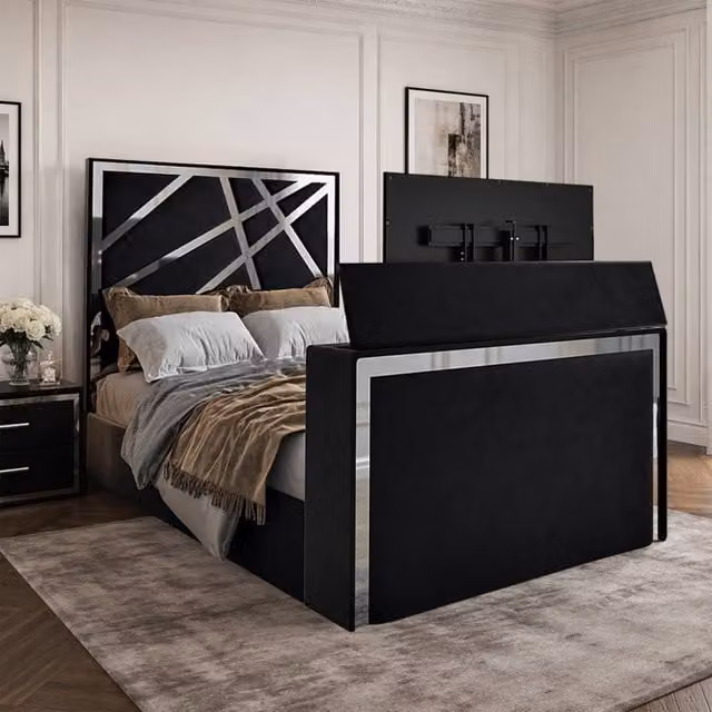 KDMD Askham Upholstered Soft Velvet TV Bed Frame in Black, Super King, W/D/H: 200 x 152 x 189 cm