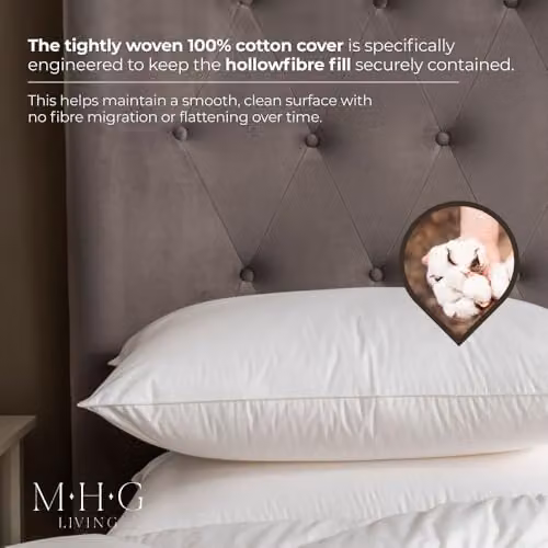 MHG Living Luxury Cotton Piped Edge Pillow with Hollowfibre Filling, White, Firm Support – 3