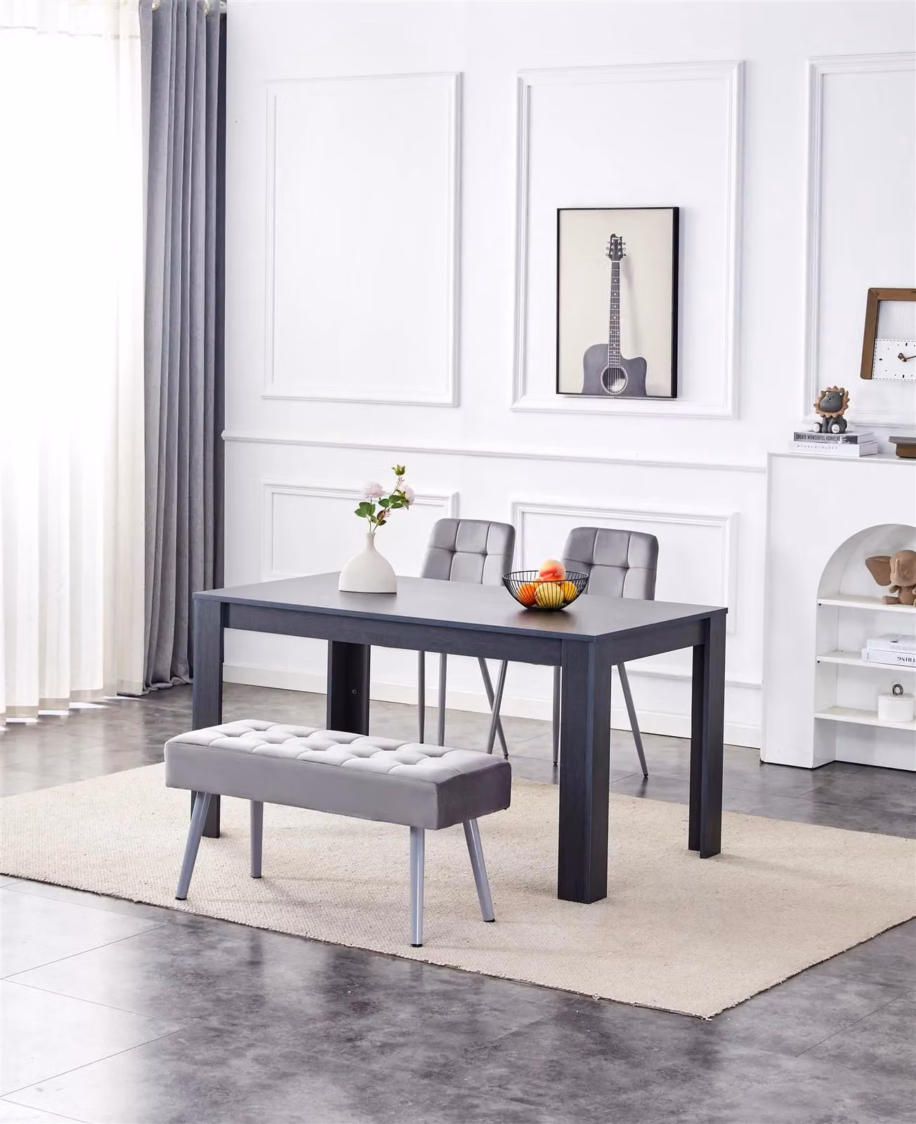 KOSY KOALA Modern Dining Table Set with 2 Grey Velvet Chairs and 1 Grey Bench in Brown – 3