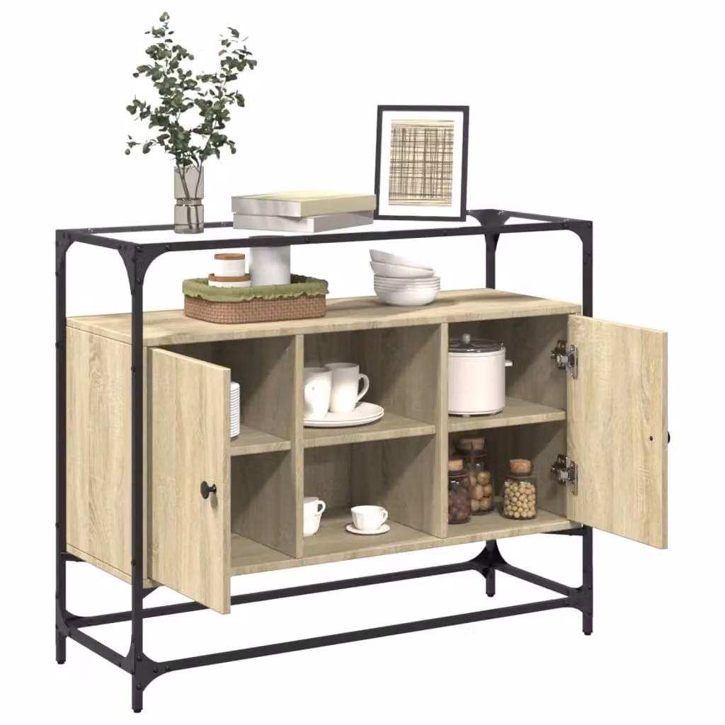 Berkfield Home Sonoma Oak Sideboard with Glass Top in Brown, W/D/H: 98 x 35 x 81 cm – 3