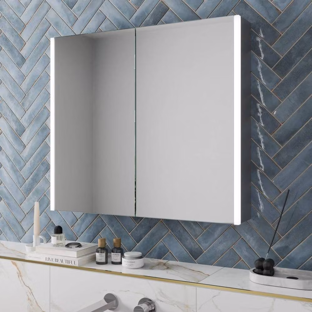 FORGEVIO LED Aluminium Mirror Cabinet in Silver with Anti-Fog Demister and Shaver Socket, W: 60 cm, H: 70 cm, D: 2 cm – 2
