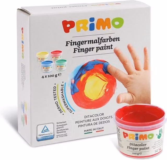 Primo Yellow and Multicolour Finger Paint for Children, 4 x 100g