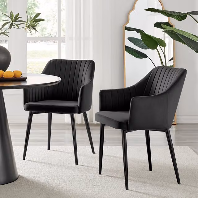 FurnitureboxUK Set of 2 Calla Deep Padded Dining Chairs in Black Velvet with Black Metal Legs – 2