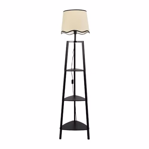 ValueLights Matt Black Wooden 3 Tier Shelf Floor Lamp with Scallop Shade and Included LED Bulb