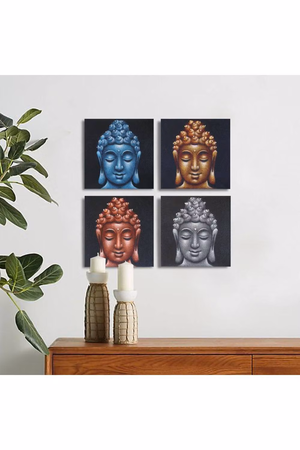 KDMD Set of 4 Multicolour Buddha Head Wall Plaques with Sand Texture, W/H: 30 x 30 cm – 2