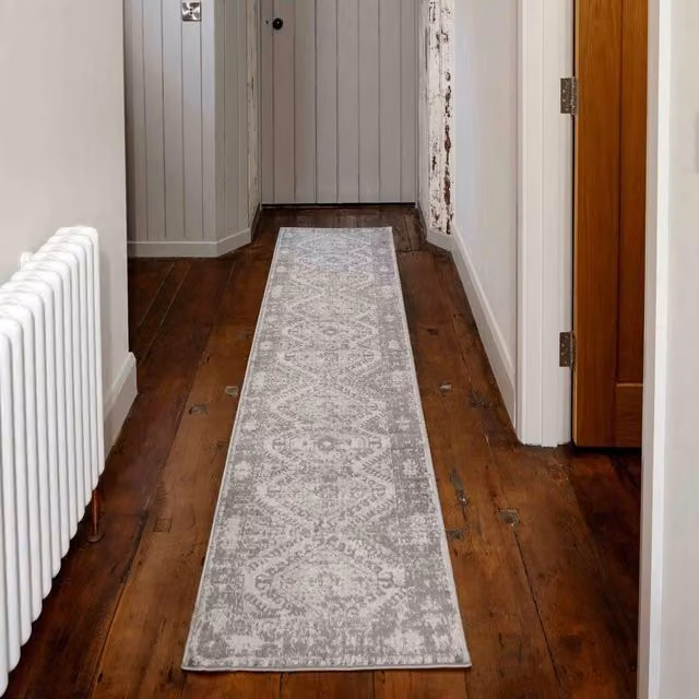 The Rug House Grey Geometric Distressed Modern Rectangular Living Area Rug W: 240 cm, D: 60 cm