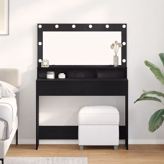 Berkfield Home Hollywood LED Makeup Table in Black Oak, W: 100 cm, D: 41 cm, H: 135 cm