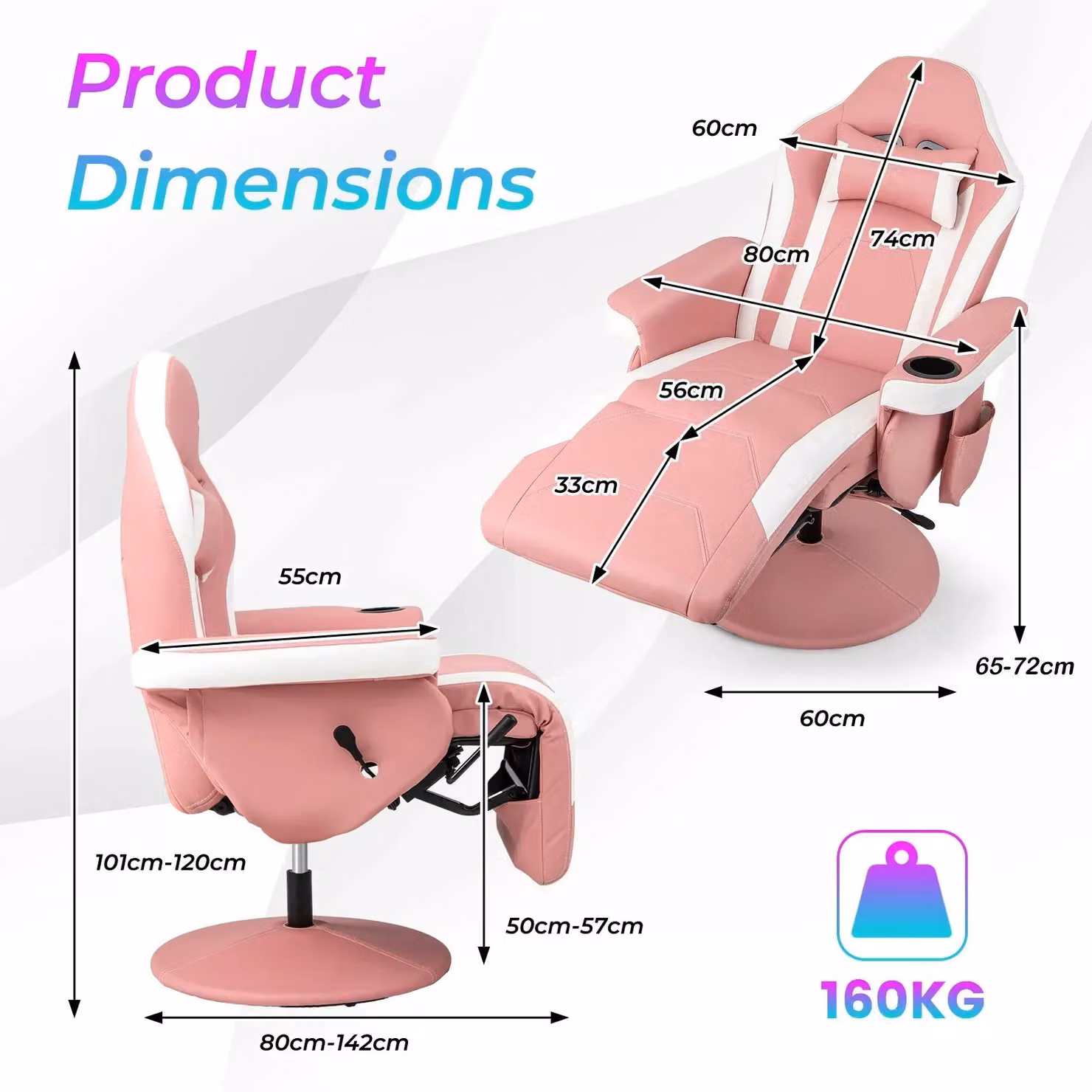 Costway Pink Massage Gaming Chair with Adjustable Height, Swivel Function and PU Leather Racing Recliner – 2