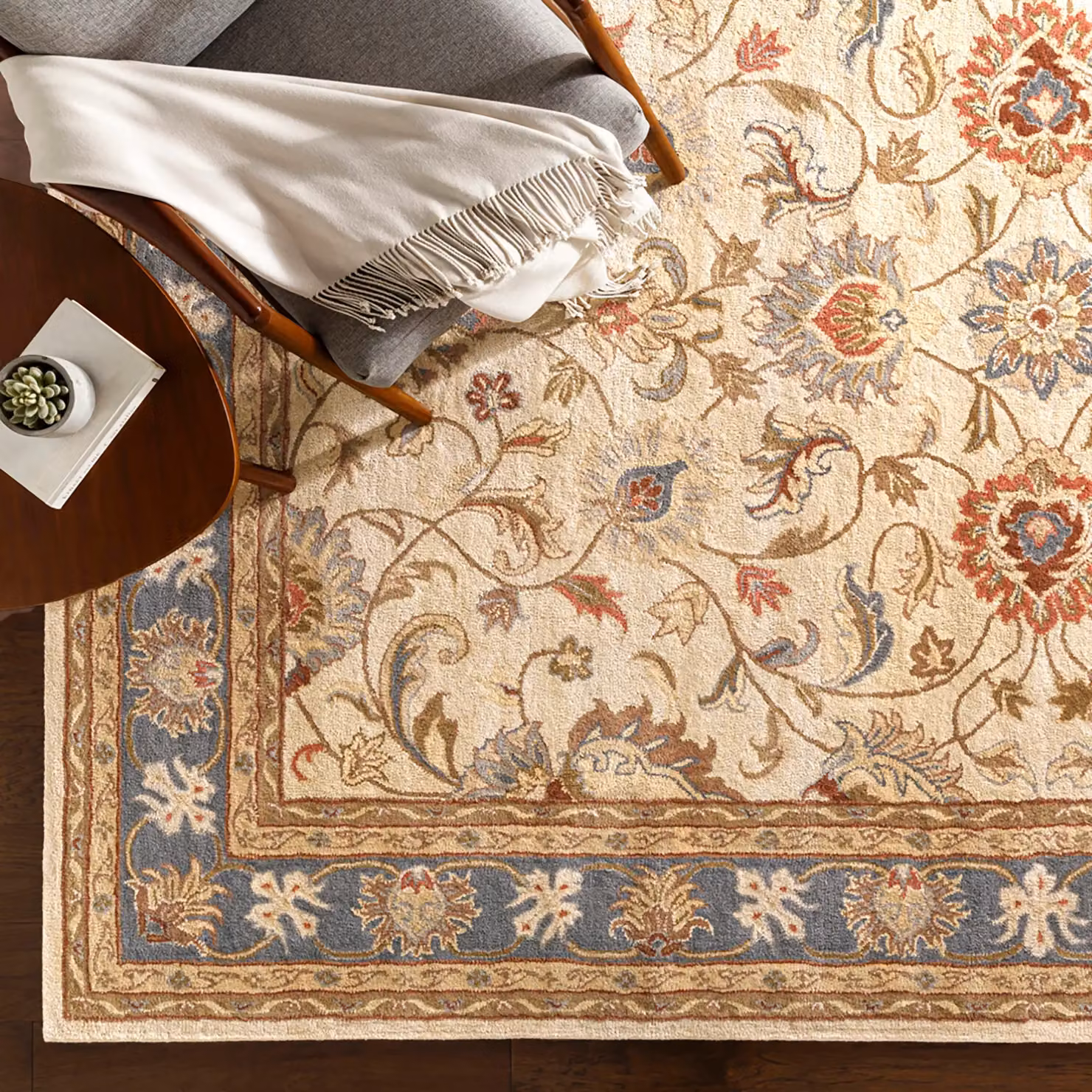 Livabliss Caesar Hand Tufted Wool Traditional Floral Rug in Blue, Brown and Multicolour, W x W: 120 x 120 cm – 4
