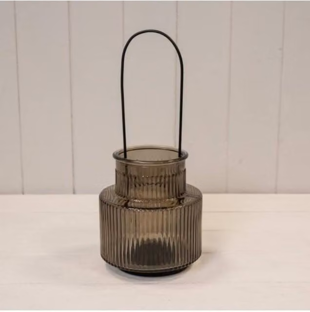 KDMD Large Round Glass Pillar Candle Holder with Handle in Warm Grey