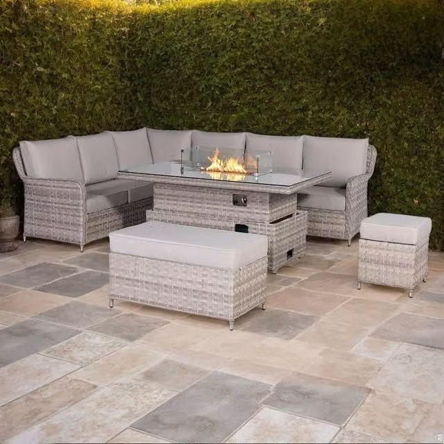 Furnishings For Less UK Grey Rattan Left Hand Garden Corner Sofa Set with Rising Fire Pit Table