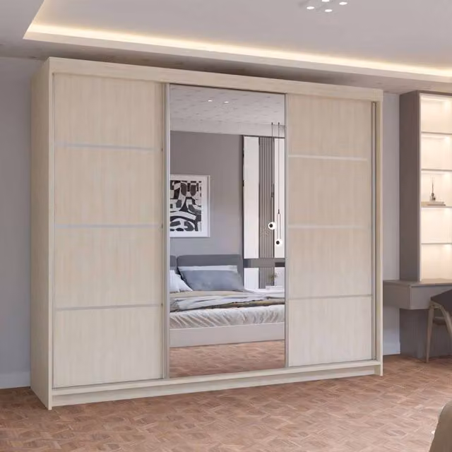 MN Furniture Pearl Contemporary 3 Door Sliding Wardrobe with Mirror in Beige W: 250 cm, H: 217 cm