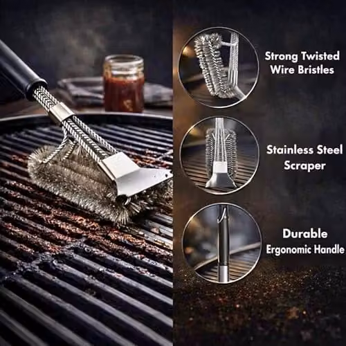 SHATCHI Heavy Duty BBQ Cleaning Brush with Scraper, Stainless Steel Wire Bristles and Long Handle for Gas or Charcoal Grills, Black and Silver – 9