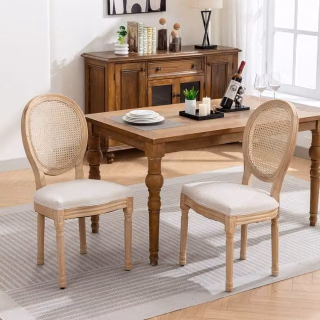 HomeTouch Set of 2 French Style Rattan Back Dining Chairs in Beige