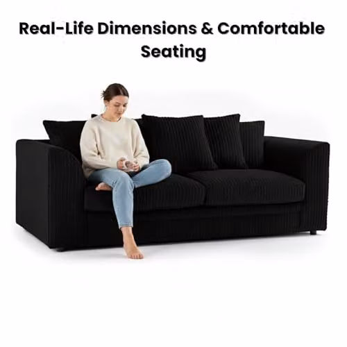 SofaSelection Jumbo Cord 3 and 2 Seater Sofa Set in Black with Scatter Cushions and Solid Wood Frame – 4