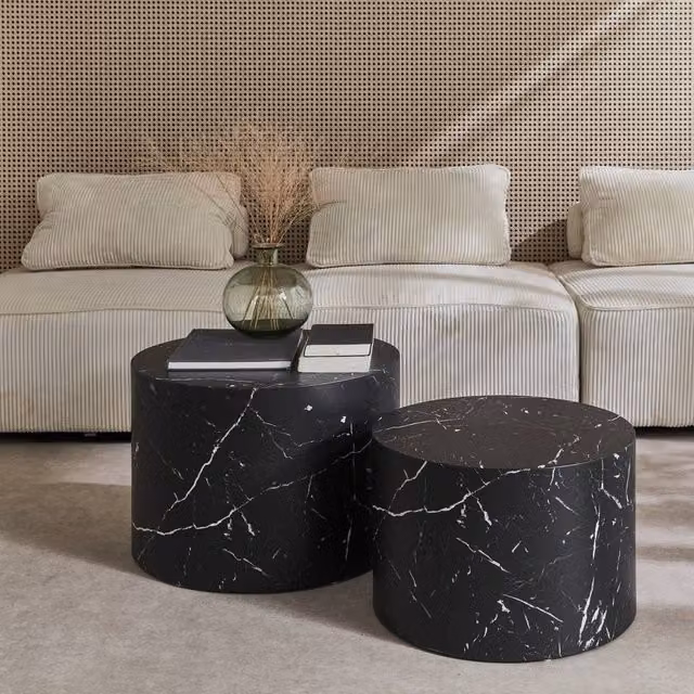 sweeek Pair of Round Black Marble-effect Nesting Coffee Tables