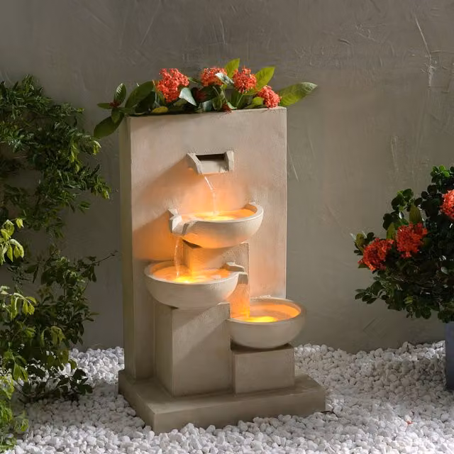 Teamson Home 3 Tier Cascading Outdoor Water Feature with Planter and LED Lights in Grey