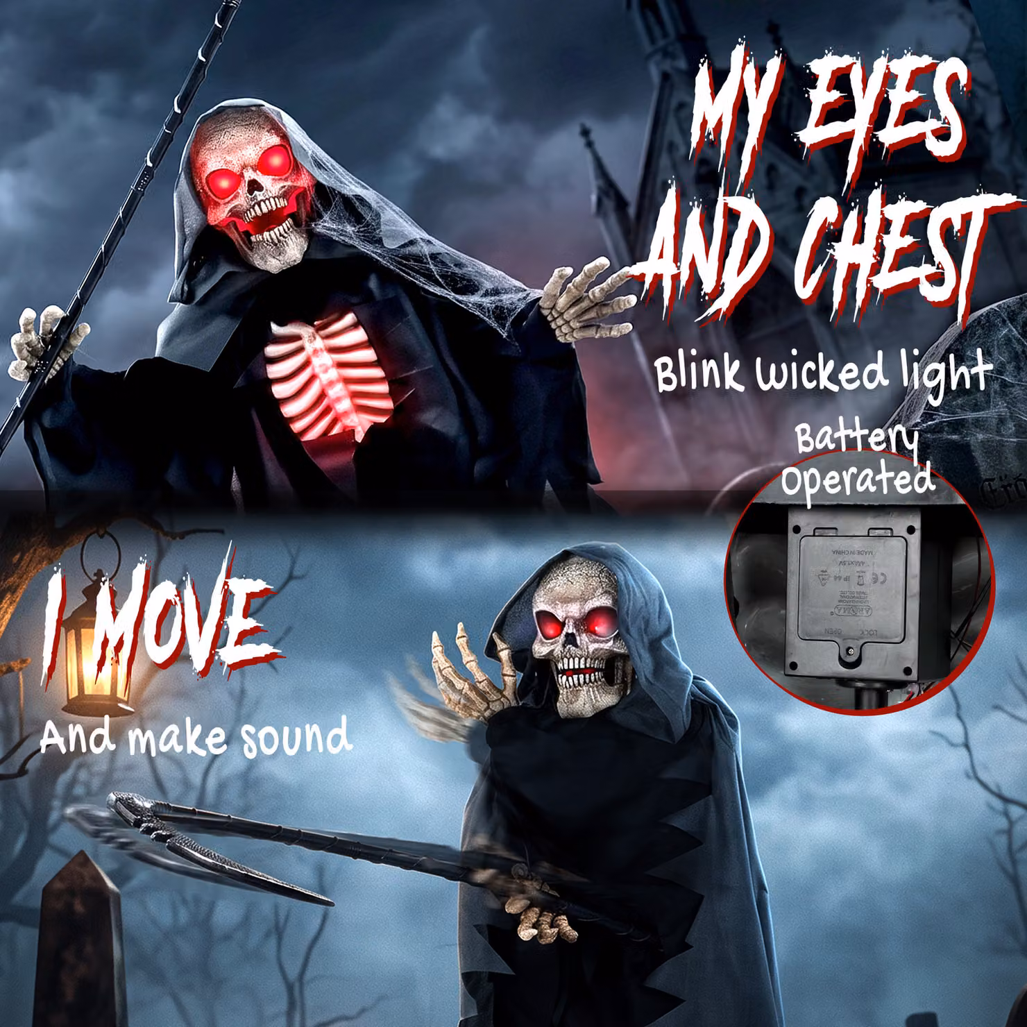 HOMCOM 170cm Life Size Animated Grim Reaper Halloween Decoration with Sound and Touch Activation in Red and Black – 3