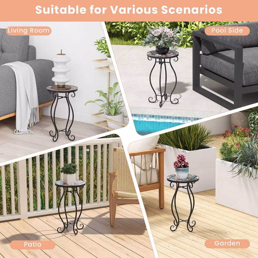 Costway Mosaic Round Outdoor Side Table with Multicolour Floral Ceramic Top and Metal Frame – 3