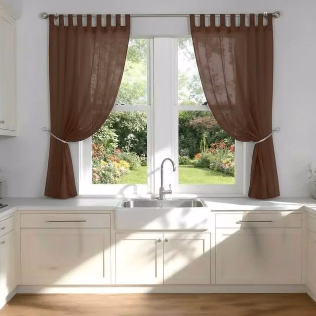Luxury Living Chocolate Brown Voile Tab Top Curtain Pair with Crystal Tie Backs, Width: 145 cm, Drop: 137 cm