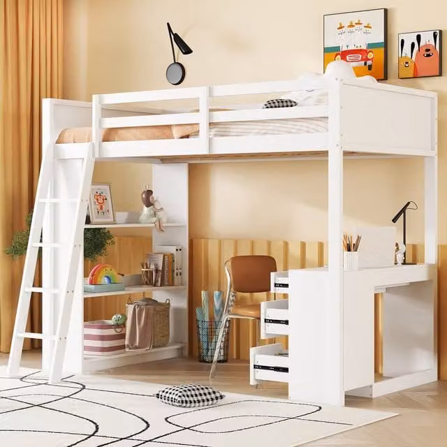 BTM White Single Loft Bed with Stairs, Drawers and Shelves, W/D/H: 190 x 90 x 170 cm