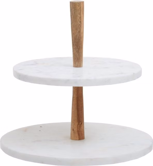 Orsina Monzaro Two Tier Round Marble and Solid Wood Cake Stand in White