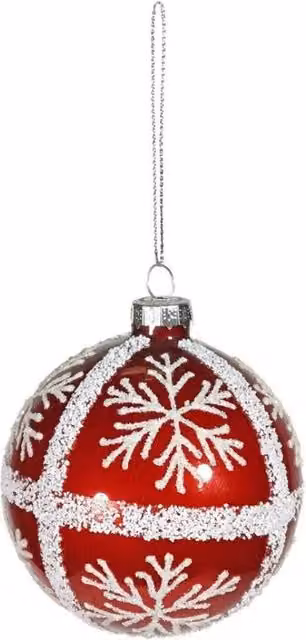 KDMD Red Glass Christmas Baubles with White Glitter Snowflakes, Pack of 3, Diameter: 8 cm