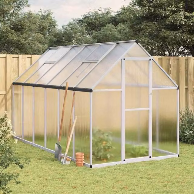 Berkfield Home Aluminium Greenhouse with Polycarbonate Panels and Base Frame, Silver, W: 334 cm, D: 169 cm, H: 195 cm