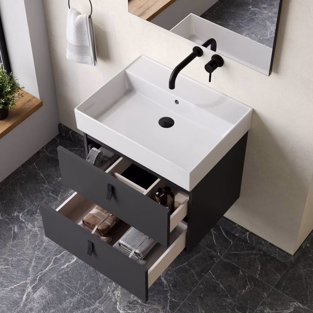 Banyetti Invicta 600mm Wall Hung Vanity with Veneto No Tap Hole Basin, Matt Black – 2