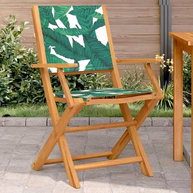 Berkfield Home Set of 2 Acacia Wood and Fabric Garden Chairs with Green Floral Pattern