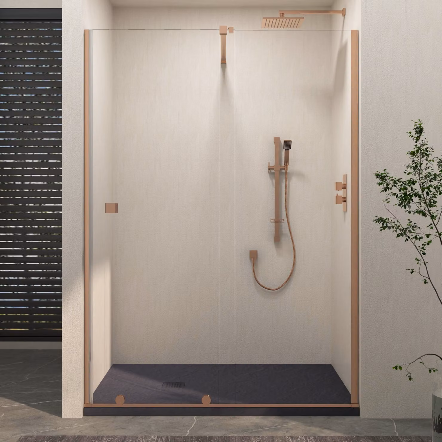 Royal Bathrooms Luton Recessed Sliding Shower Screen with Grey Slate Effect Stone Shower Tray, Brushed Bronze, W: 120 cm, D: 90 cm, H: 195 cm